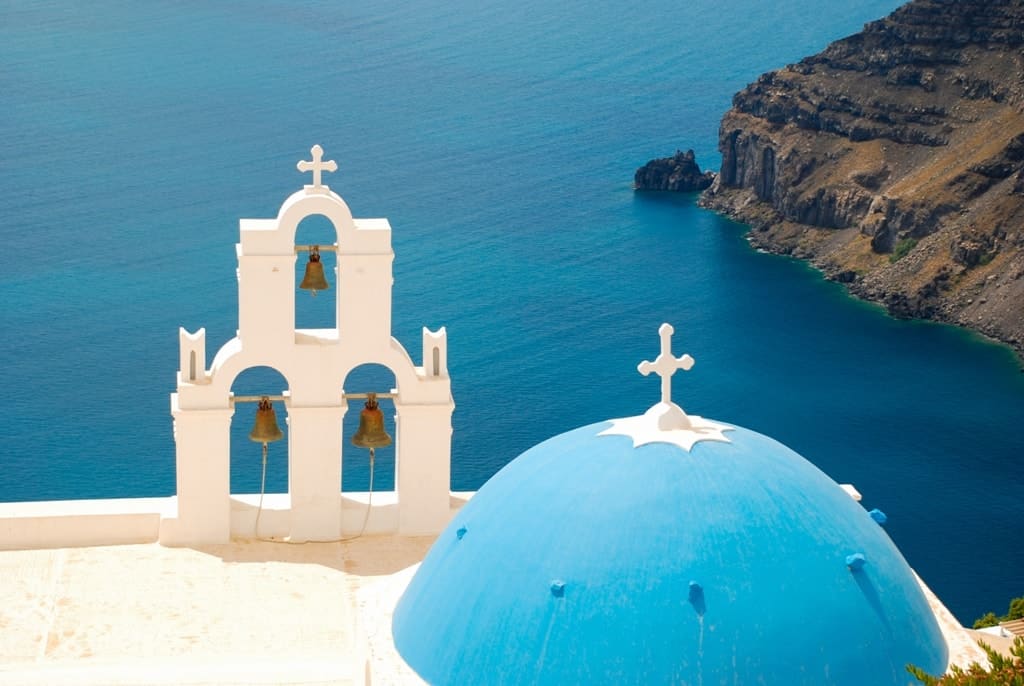 Famous blue domed Firostefani church The Best Santorini Tours