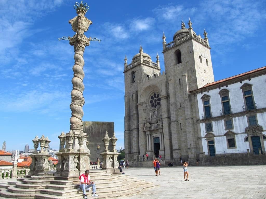 the Pillory (Pelourinho) column on the Porto Cathedral (Se do Porto) square in Porto