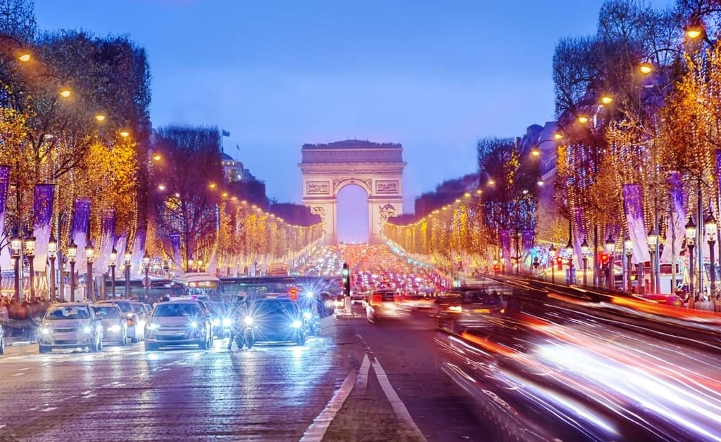 Arch of Triumph and Champs Elysees in Paris in winter