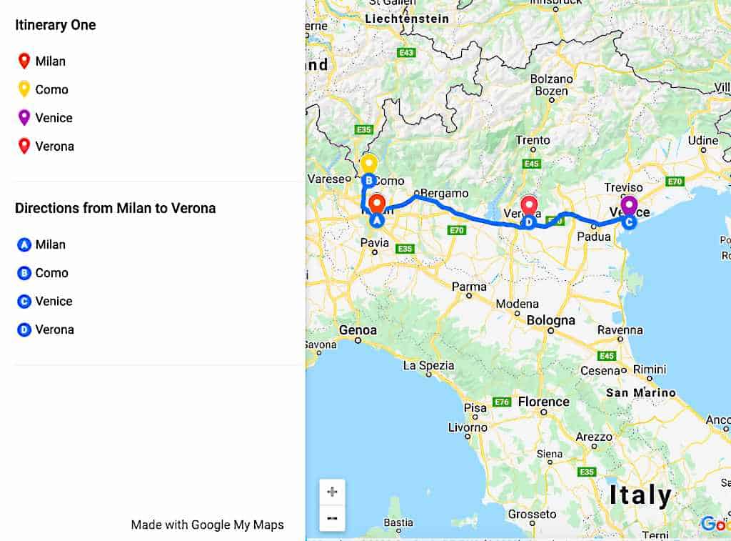 travel itinerary for northern italy